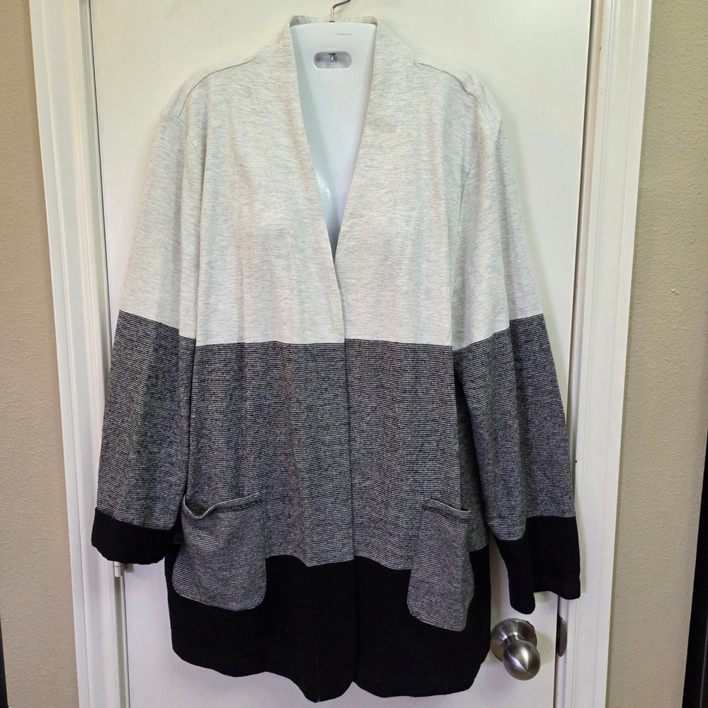 T by Talbots Womens XL Colorblock Open Front Cardigan Grey Black Cotton Knit